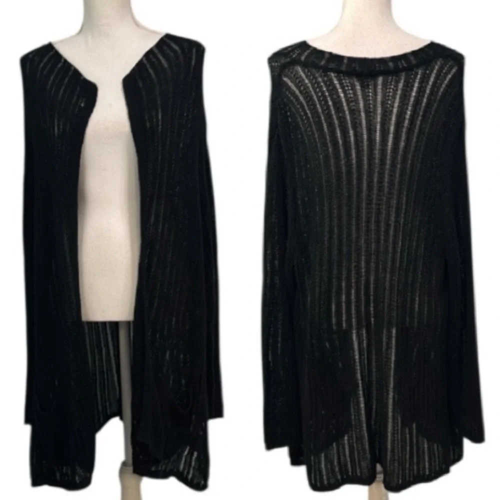 J.Jill Open Knit Longline Cardigan XL Linen & Cotton Black Duster Sweater